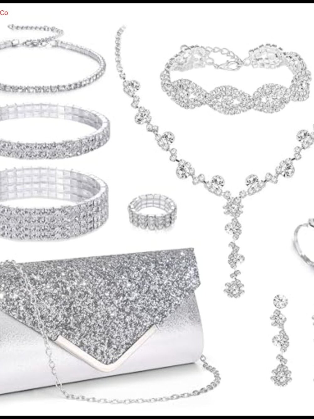 Rhinestone Jewelry Set with Clutch Purse Necklace Earrings Bracelets Rings Women